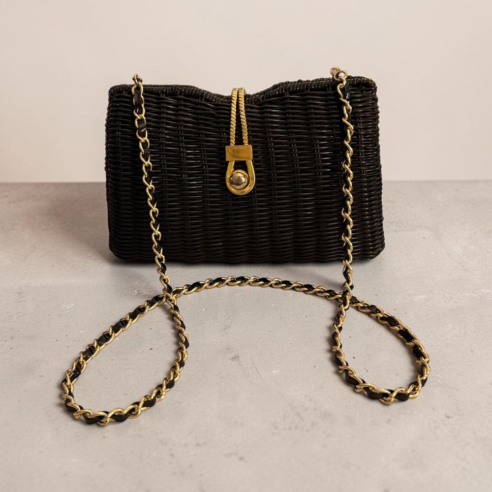 Vintage Black Wicker Handbag Gold Chain Shoulder Bag Evening Purse 1960s 1970s